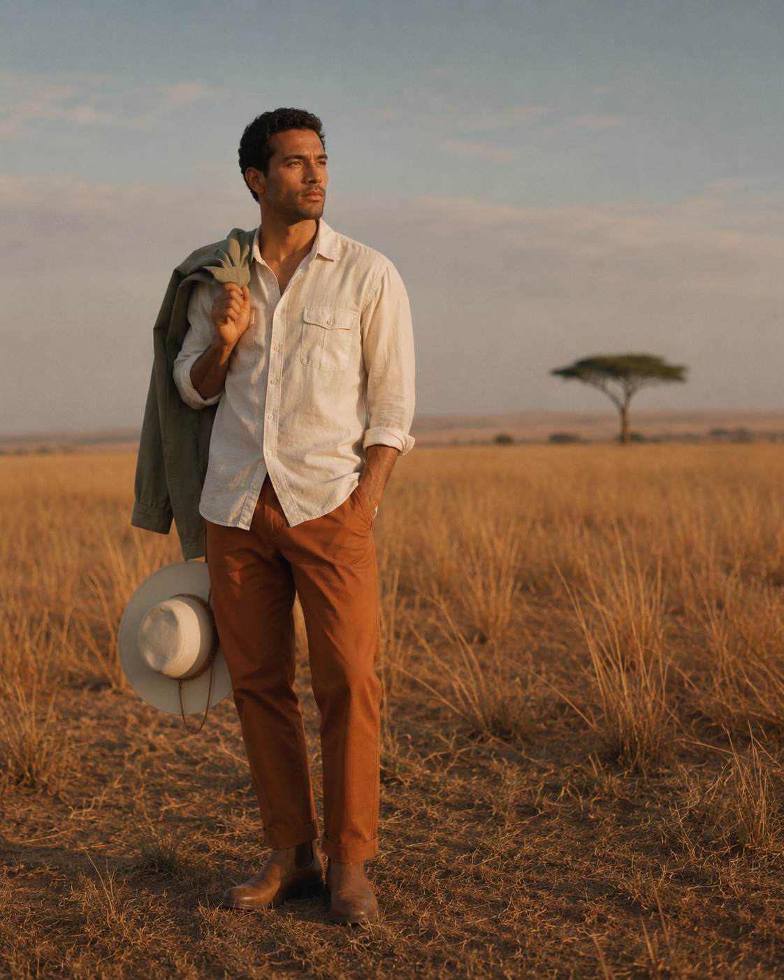 Uomo nella savana al tramonto con cappello